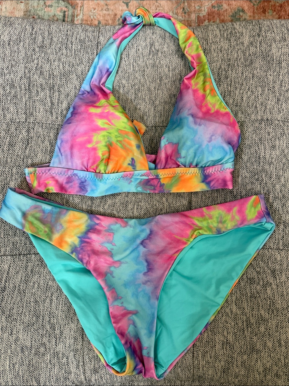 BECCA Teal and Multi Tie-Dye Halter Bikini